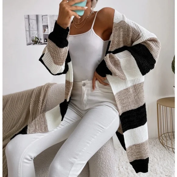 Colorblock Stripes Open Knit Cardigan Knee Length - Picture 1 of 8